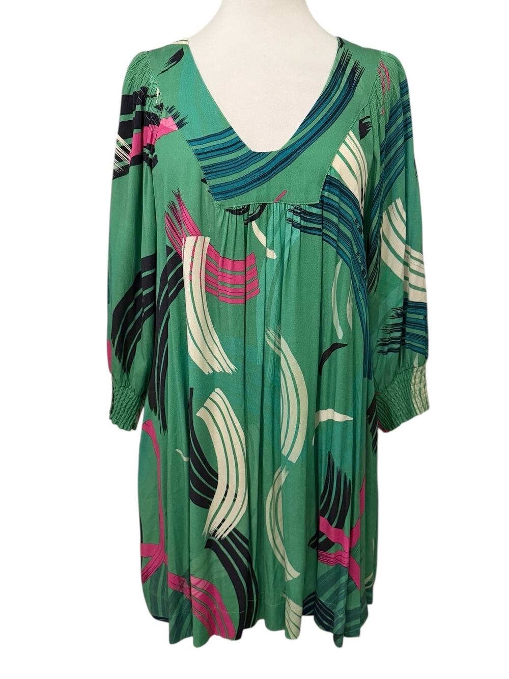 Anthropologie The Odells V-Neck Green Abstract Midi Dress Size Small